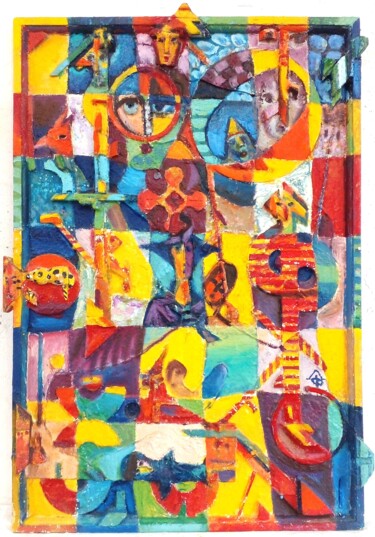 Schilderij getiteld "Комедианты. Лоскут…" door Leonid Feodor, Origineel Kunstwerk, Olie