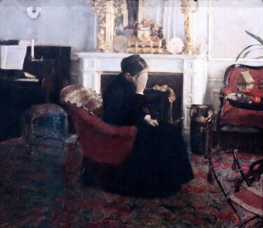 Schilderij getiteld "À l'écoute de Schum…" door Fernand Khnopff, Origineel Kunstwerk, Olie
