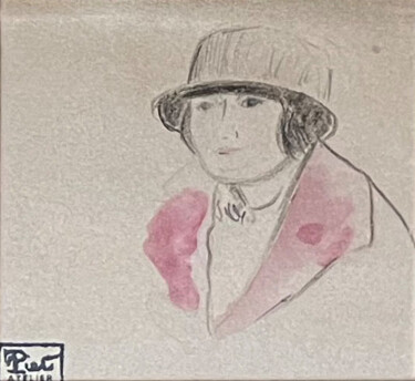 Drawing titled ""Femme au chapeau"" by Fernand Piet, Original Artwork, Ink Mounted on Cardboard