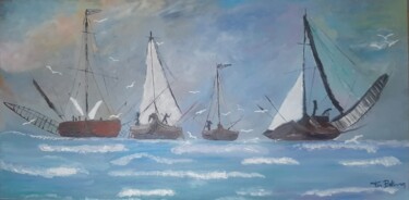 Painting titled "Caravels and waves" by Fernanda Bolivar, Original Artwork, Oil Mounted on Wood Stretcher frame