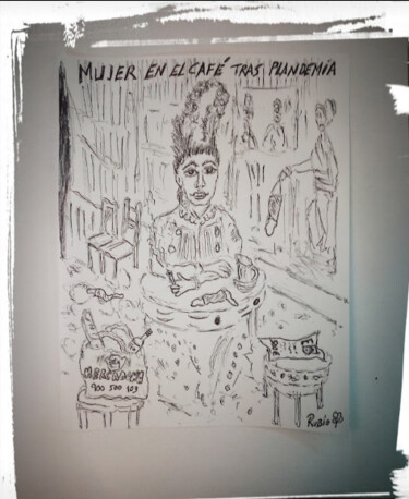 Dessin intitulée "Mujer en Café" par Fernando Rubio, Œuvre d'art originale, Stylo à bille
