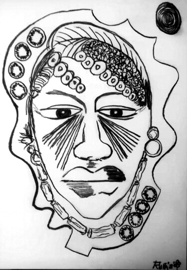 Drawing titled "African mask1" by Fernando Rubio, Original Artwork, Charcoal
