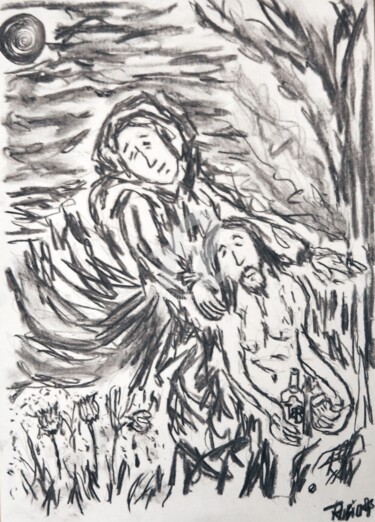 Drawing titled "Pietà otro JB Mamá" by Fernando Rubio, Original Artwork, Charcoal