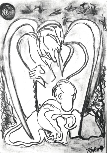Рисунок под названием "Ángel guardián" - Fernando Rubio, Подлинное произведение искусства, Древесный уголь