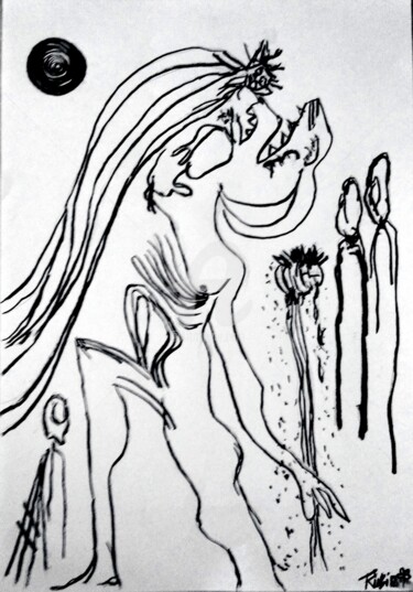 Dibujo titulada "Opioides al Amanecer" por Fernando Rubio, Obra de arte original, Carbón