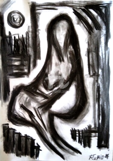 Disegno intitolato "Esperame desnuda" da Fernando Rubio, Opera d'arte originale, Carbone