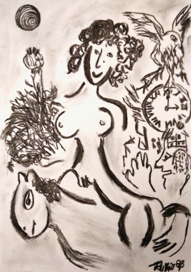 Dibujo titulada "Lady Godiva opiácea" por Fernando Rubio, Obra de arte original, Carbón