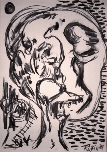 Disegno intitolato "Fetal pensamiento" da Fernando Rubio, Opera d'arte originale, Carbone
