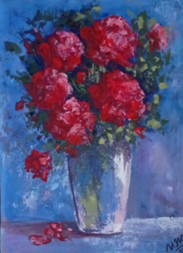 Peinture intitulée "Малиновые розы в ва…" par Ferrumi, Œuvre d'art originale, Acrylique Monté sur Châssis en bois