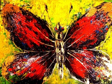 Painting titled "Red butterfly, abst…" by Ferrumi, Original Artwork, Acrylic Mounted on Wood Stretcher frame