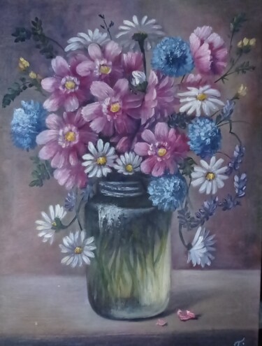 Painting titled ""Wildflowers in a g…" by Ferrumi, Original Artwork, Oil Mounted on Cardboard