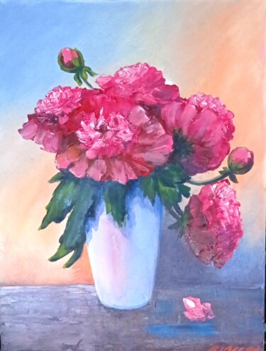 Картина под названием "Пионы розовые в бел…" - Ferrumi, Подлинное произведение искусства, Масло Установлен на картон