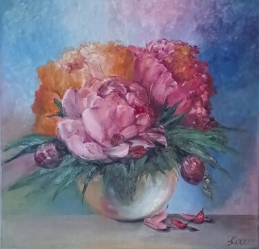 Картина под названием "Розовые пионы в кру…" - Ferrumi, Подлинное произведение искусства, Масло Установлен на Деревянная рам…