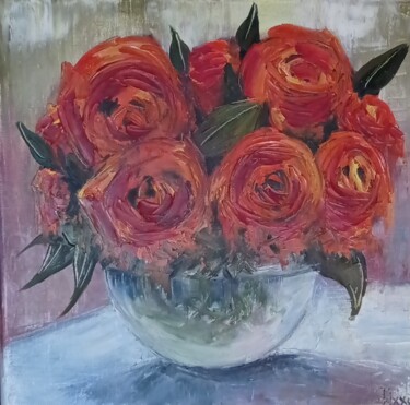 Картина под названием "Оранжевые розы в ва…" - Ferrumi, Подлинное произведение искусства, Масло Установлен на Деревянная рам…