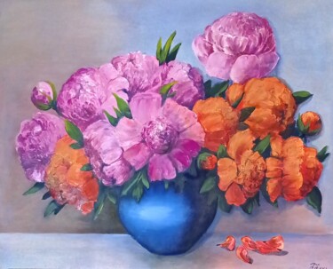 Картина под названием "Оранжево -розовые п…" - Ferrumi, Подлинное произведение искусства, Масло Установлен на картон