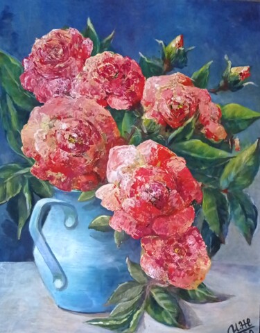Schilderij getiteld "Розовые розы в голу…" door Ferrumi, Origineel Kunstwerk, Acryl