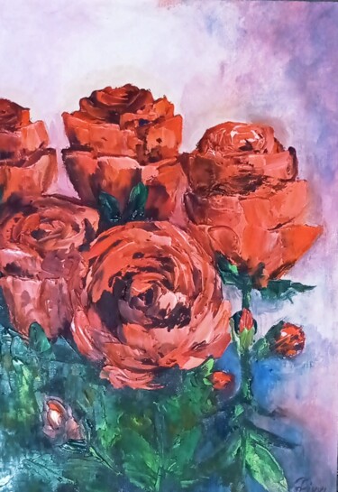 Картина под названием "Букет Алые розы абс…" - Ferrumi, Подлинное произведение искусства, Масло Установлен на картон