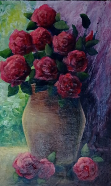 Painting titled "Розы на окне Roses…" by Ferrumi, Original Artwork, Acrylic