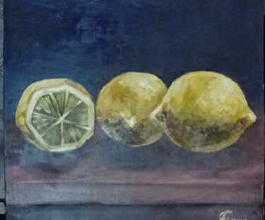 Painting titled "Лимоны lemons" by Ferrumi, Original Artwork, Oil Mounted on Cardboard
