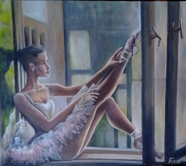 Painting titled "Балерина на окне Ba…" by Ferrumi, Original Artwork, Oil Mounted on Wood Stretcher frame