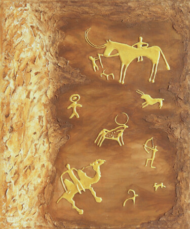 Pittura intitolato "Petroglyph ancient…" da Feruza Turlybek, Opera d'arte originale, Acrilico Montato su Telaio per barella…