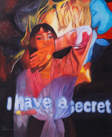 Painting titled "Girl with secret" by Feruza Turlybek, Original Artwork, Oil Mounted on Wood Stretcher frame
