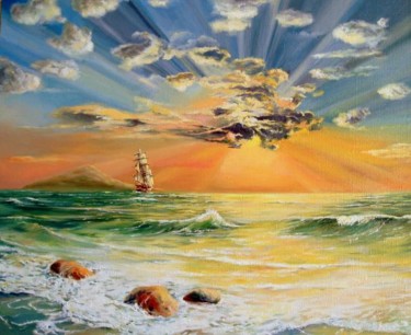 Картина под названием "Спокойное море в зо…" - Fesenkos, Подлинное произведение искусства, Масло