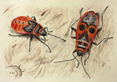 Painting titled "red beetles" by Feydzhet, Original Artwork, Watercolor