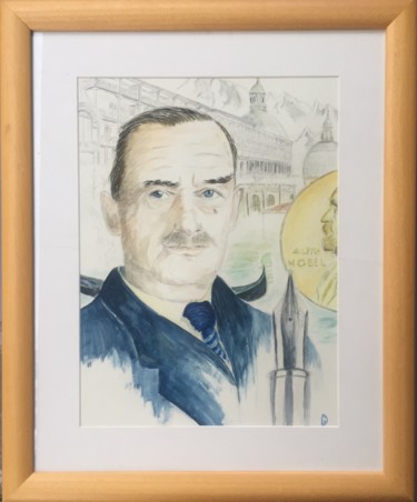 Thomas Mann original Malerei mit dem Titel "Thomas Mann original" von Gilles David, Original-Kunstwerk, Aquarell Auf Holzplatte montiert