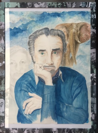 Schilderij getiteld "ROmain Gary original" door Gilles David, Origineel Kunstwerk, Aquarel Gemonteerd op Houten paneel