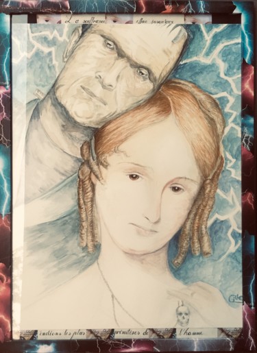 Painting titled "Mary Shelley Origin…" by Gilles David, Original Artwork, Watercolor Mounted on Wood Panel