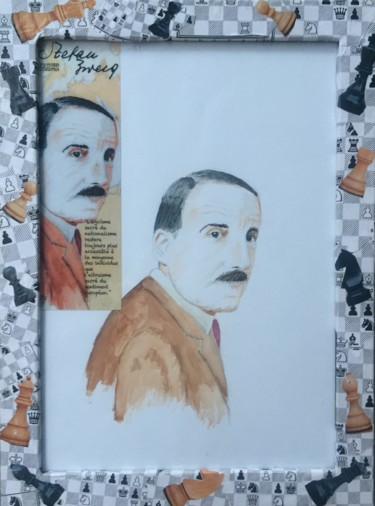 Painting titled "Stefan Sweig" by Gilles David, Original Artwork, Watercolor Mounted on Wood Panel