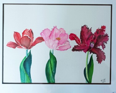 Painting titled "Coquelicots" by Fgide, Original Artwork, Watercolor Mounted on Wood Stretcher frame