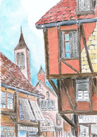 Drawing titled "Vieux centre ville" by Fidel Durana, Original Artwork