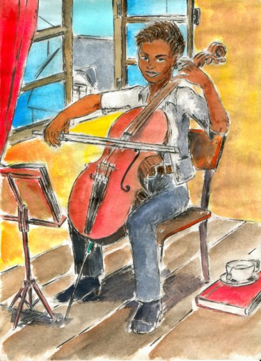 Dessin intitulée "Violoncelliste" par Fidel Durana, Œuvre d'art originale, Encre
