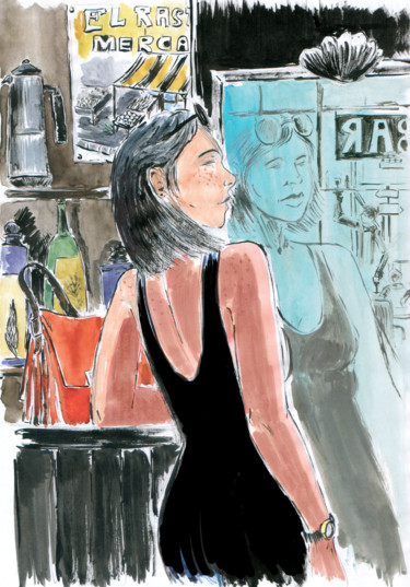 Dessin intitulée "Alba al bar" par Fidel Durana, Œuvre d'art originale, Encre