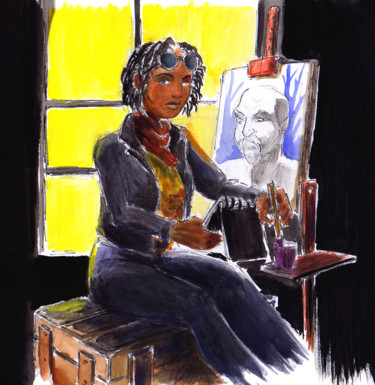 Drawing titled "Stephanie pintando" by Fidel Durana, Original Artwork, Digital Photography