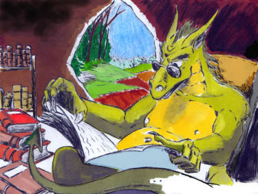 Zeichnungen mit dem Titel "Dragon lecteur" von Fidel Durana, Original-Kunstwerk, Digitale Fotografie