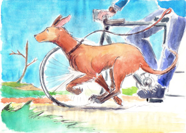 Dessin intitulée "Promenade à chien" par Fidel Durana, Œuvre d'art originale, Encre