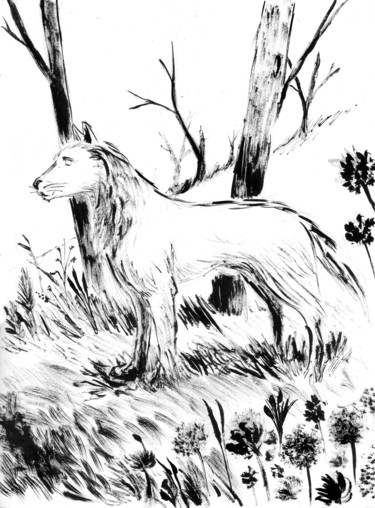 Drawing titled "Chien loup" by Fidel Durana, Original Artwork, Ink