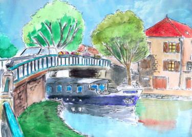 Dessin intitulée "Pont sur le canal" par Fidel Durana, Œuvre d'art originale, Encre