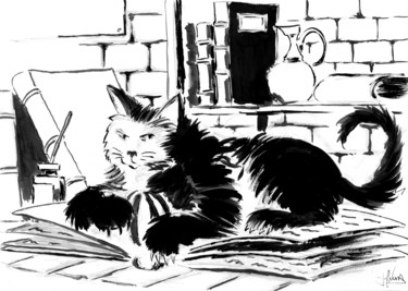 Dessin intitulée "Bon gros chat angora" par Fidel Durana, Œuvre d'art originale, Encre