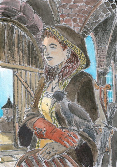 Drawing titled "Lady Hawk" by Fidel Durana, Original Artwork, Ink