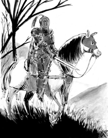 Drawing titled "Chevalier à cheval" by Fidel Durana, Original Artwork, Ink