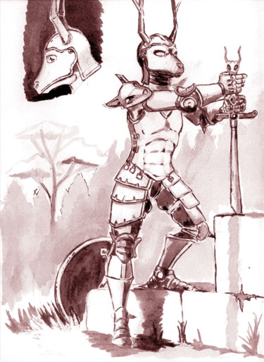 Dessin intitulée "Cerf chevalier" par Fidel Durana, Œuvre d'art originale, Encre