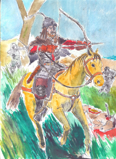 Dessin intitulée "Archer à cheval" par Fidel Durana, Œuvre d'art originale, Encre