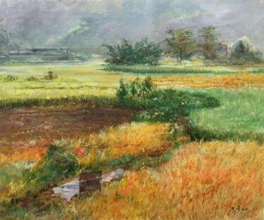 Painting titled "Autumn country" by Field Lynn, Original Artwork, Oil Mounted on Wood Stretcher frame