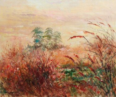 Painting titled "Autumn glass" by Field Lynn, Original Artwork, Oil Mounted on Wood Stretcher frame