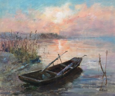 Painting titled "Boat 16" by Field Lynn, Original Artwork, Oil Mounted on Wood Stretcher frame
