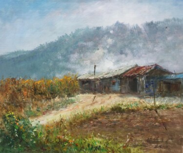 Painting titled "House 1" by Field Lynn, Original Artwork, Oil Mounted on Wood Stretcher frame